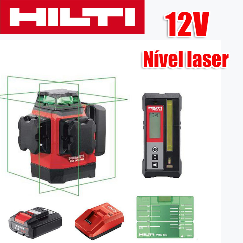 Nível de laser verde de 8 linhas, (nível Hilti, carregador, bateria, controle remoto, alvo laser, saco de espuma de esponja), bateria de lítio de 12 V, 12 horas de uso contínuo, claramente visível a 60 metros sob luz solar