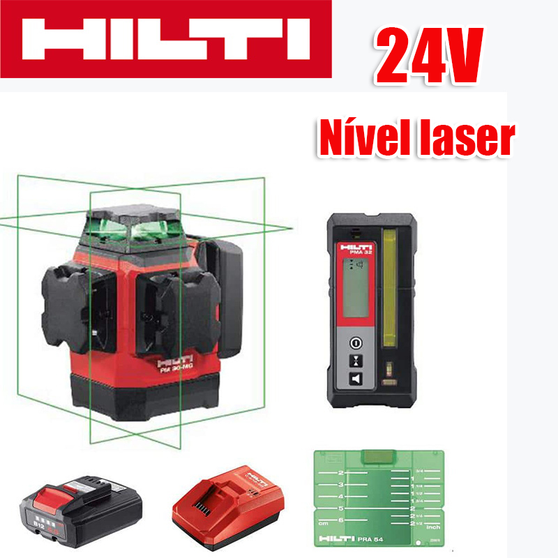 Nível de laser verde de 12 linhas, (nível Hilti, carregador, bateria, controle remoto, alvo laser, saco de espuma de esponja), bateria de lítio de 24 V, uso contínuo de 24 horas, claramente visível a 90 metros sob luz solar